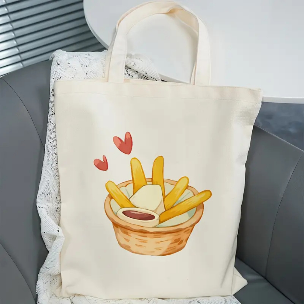 Food Grocery Snacks - かわいいフライドポテトプリントのキャンバストートバッグ、再利用可能な食料品バッグ、食べ物やスナックが大好きな人への完璧なギフト、毎日のカジュアルショッピングやピクニックに最適です。