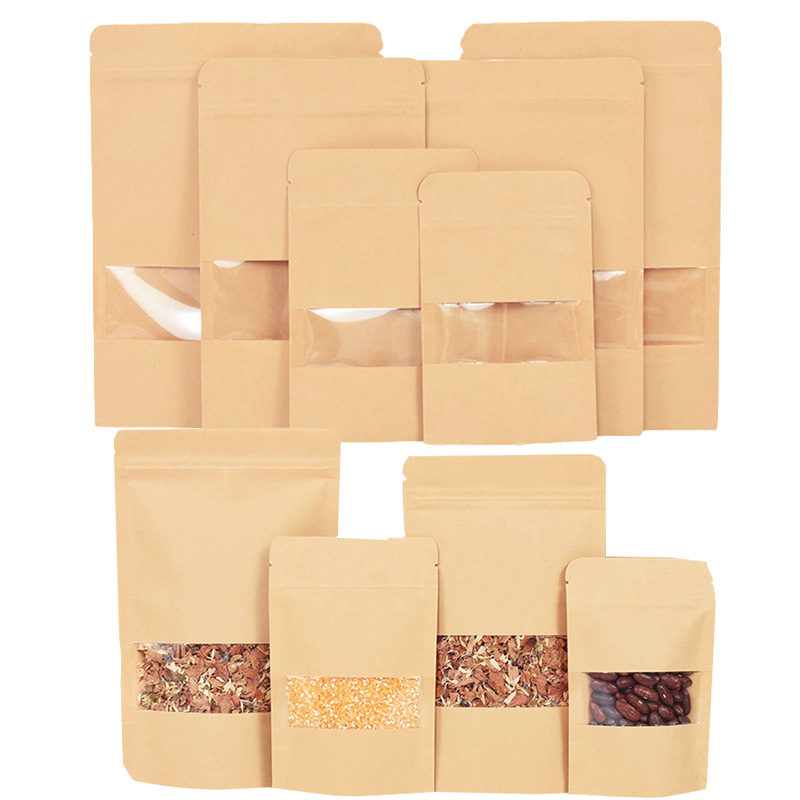 Food Snacks Gifts - 20/50 個クラフト紙ジップロックバッグ窓食品スナック茶自己シール保存袋結婚式ホームキャンディギフト包装ポーチ