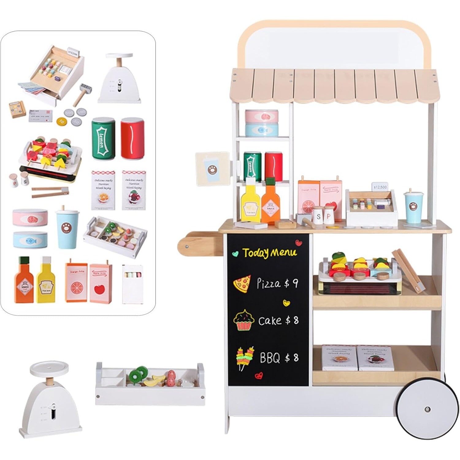 Food Grocery Snacks - 木製スナックショッププレイセット キッズごっこ遊びおもちゃ 木製食品飲料スタンド 食料品店プレイマネー 男の子女の子向けギフト